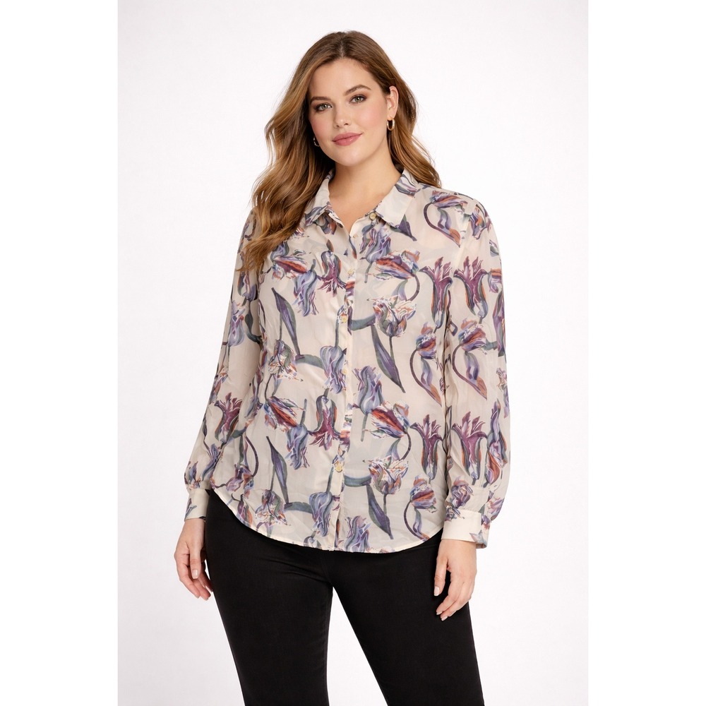 PrettyLittleThing Plus Floral Print Long Sleeve Button Down Shirt Top Beige NEW‎
